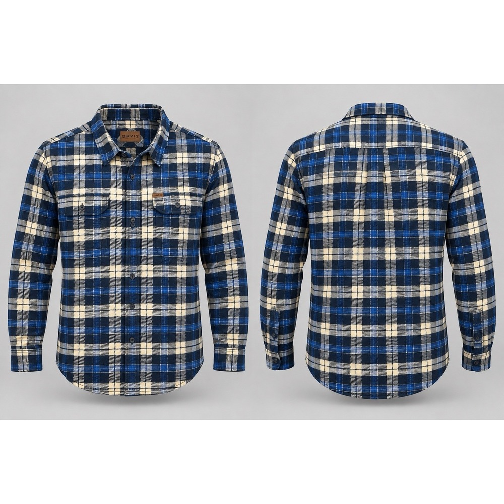 ORVIS Heavy Weight Flannel black blue Plaid Pockets Men's SIZE XXL
